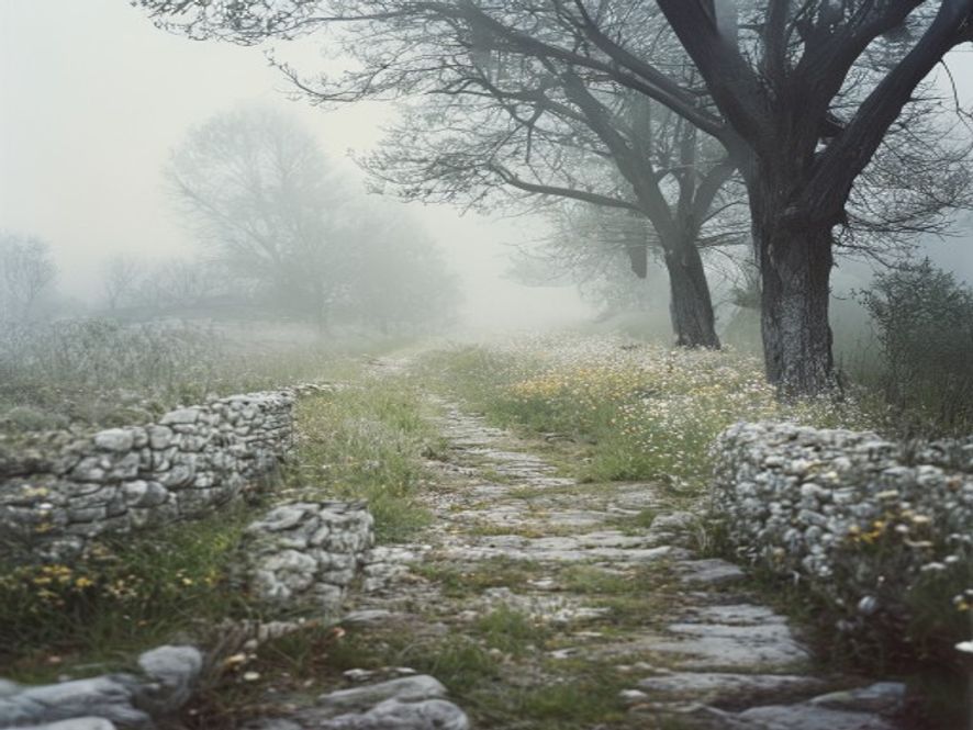 A sunlit walking path winding through moorland hills under clear skies
