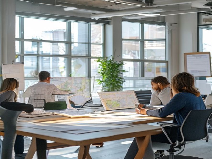 A modern office workspace with team members reviewing maps and planning documents at wooden desks